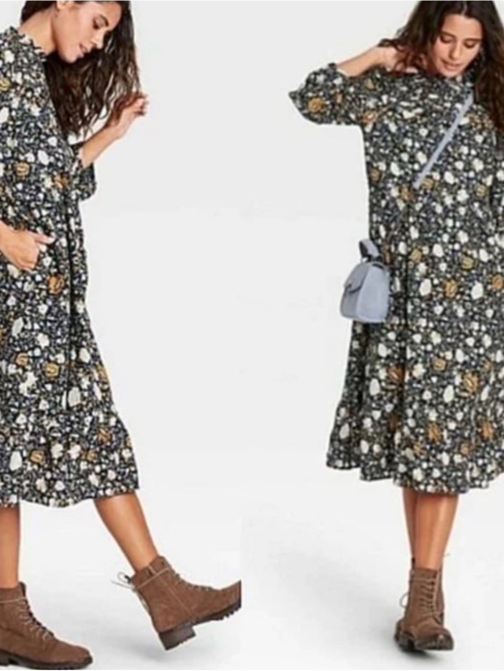 Universal Thread Navy Floral Midi Dress with Mustard & Cream Accent Flowers - XL